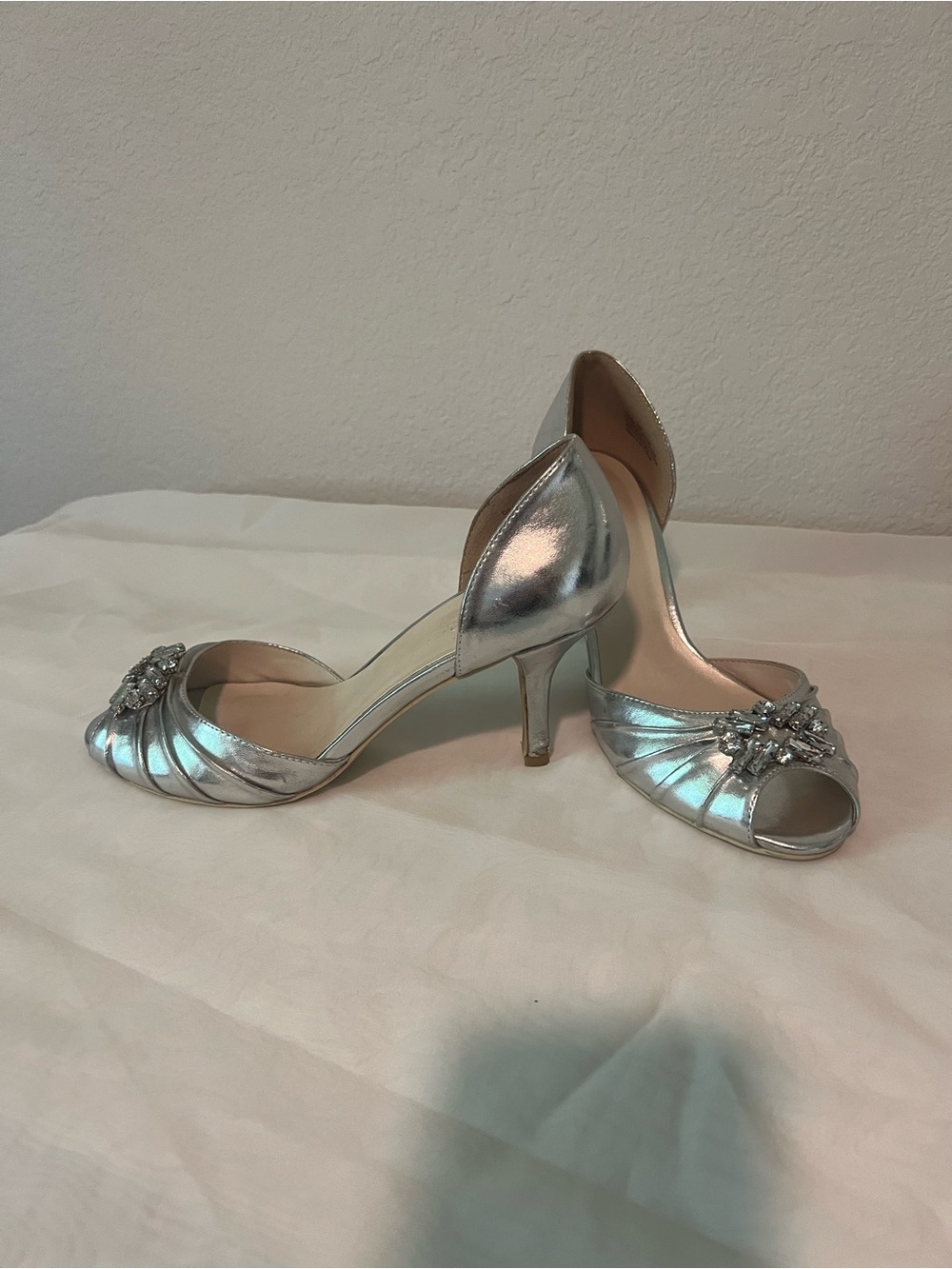 David's Bridal Silver Peep-Toe D'Orsay Heels with Crystal Accent